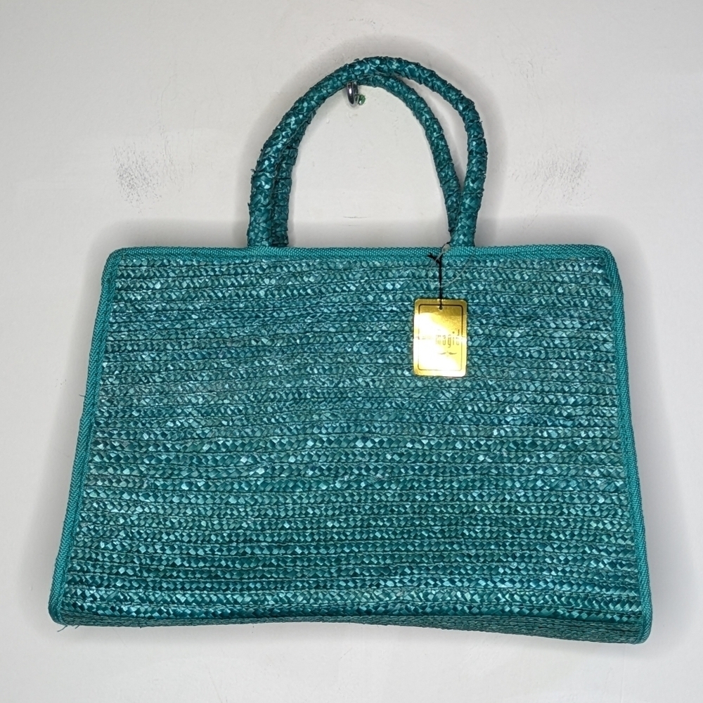 Vintage Magic Blue 100% Straw Zip Closure Handbag